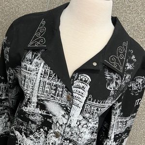Cactus Italy Graphic Button Up Black Rhinestone Denim Jacket Size Large